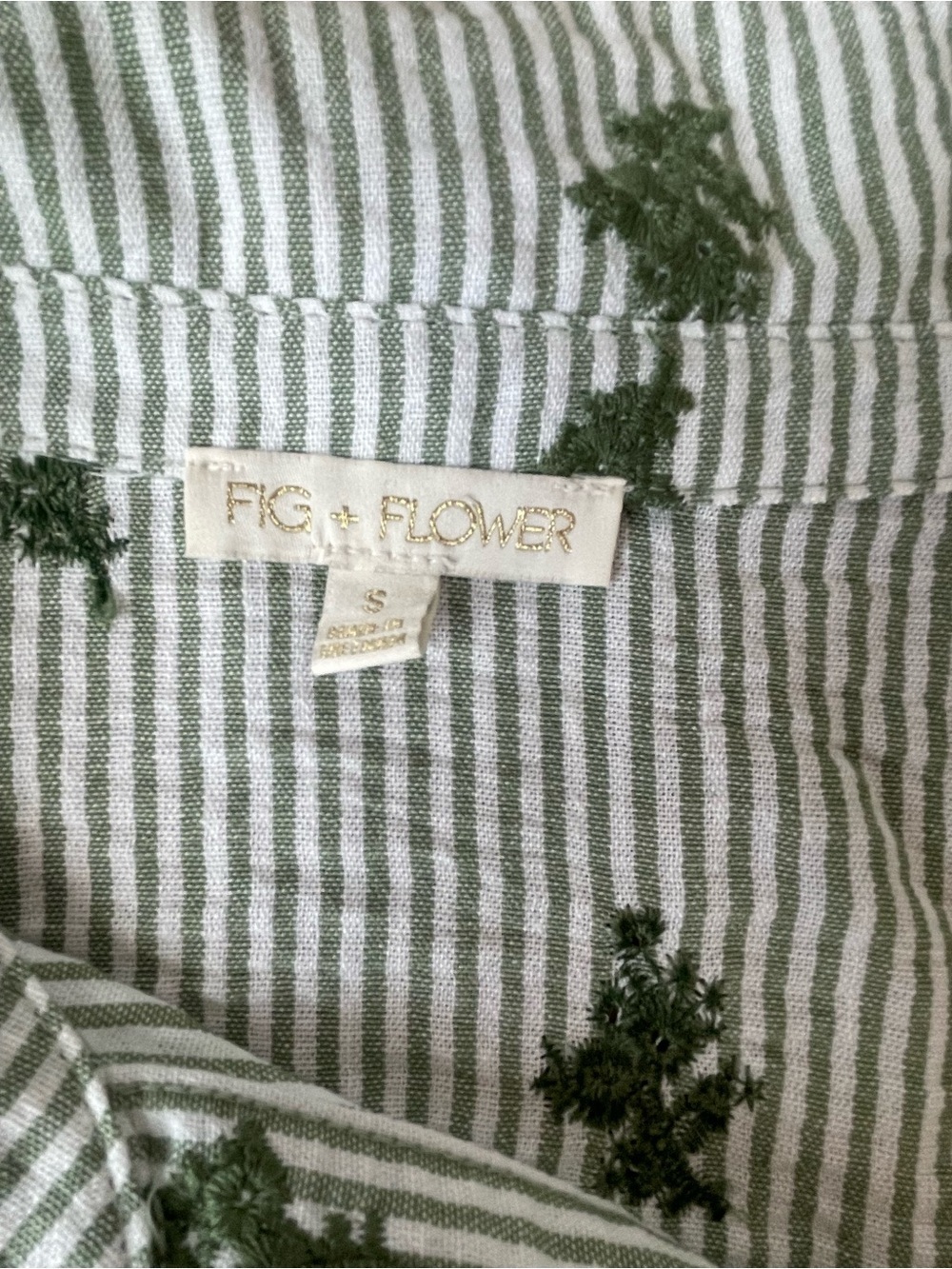 FIG + FLOWER Green Striped Embroidered Peplum Blouse Cottagecore Coastal Button - Picture 4 of 9